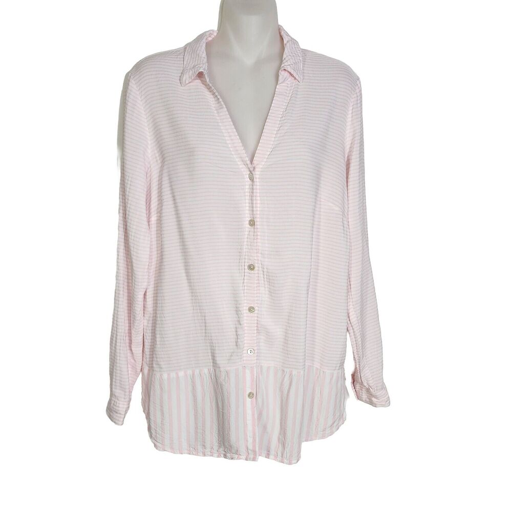 J Jill Womens Tunic Top Small Button Up V Neck Pink White Stripe Long Sleeve